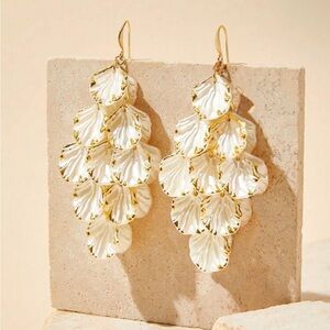 Pearl White Shell Cascade Drop Earrings — Gold Trim Dangle